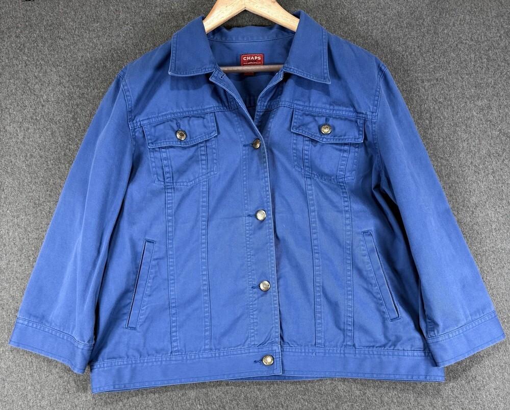 Chaps Denim Jacket Womens XL Royal Blue Cotton 3/4 Sleeve Button Front Trucker
